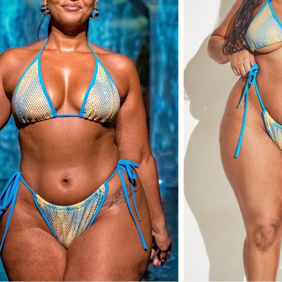 Pretty Little Thing Plus Turquoise Diamante Tie Side Bikini Bottoms XL/XXL - Picture 1 of 6